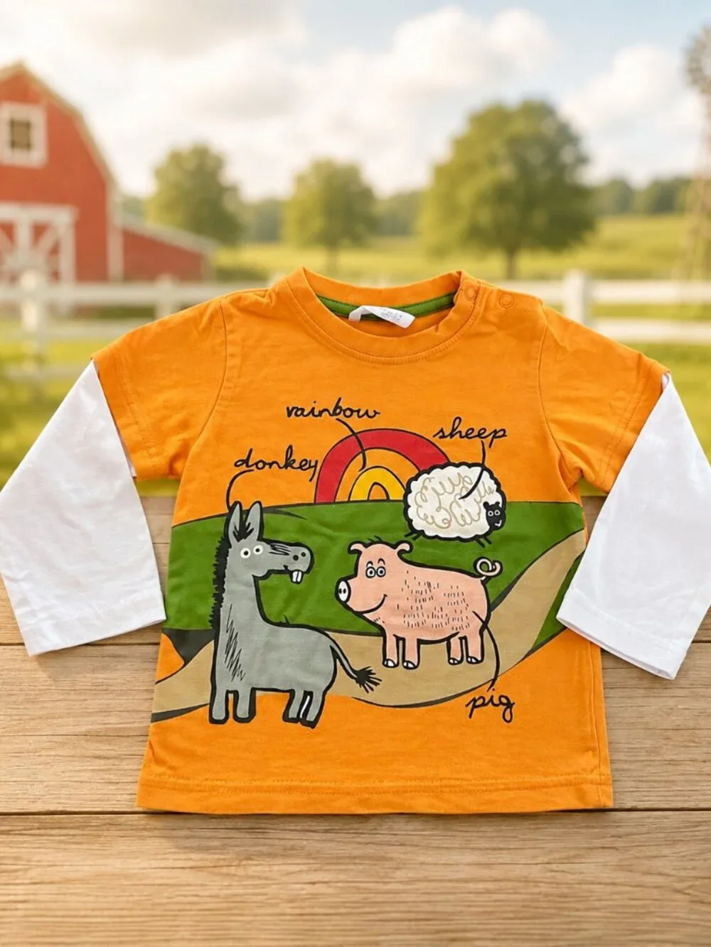 H&M Farm Animal Shirt + Cat & Jack Green Shorts Toddler 18-24M Outfit Set